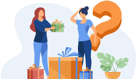 Two people discussing pricing plans with decorative question mark